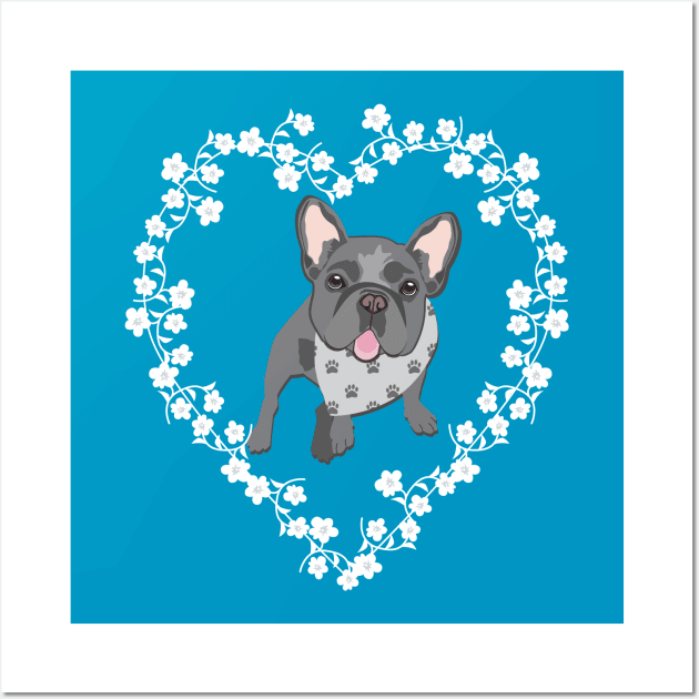 French Bulldog Cherry Blossom Heart Wreath Wall Art by HotPinkStudio.Me